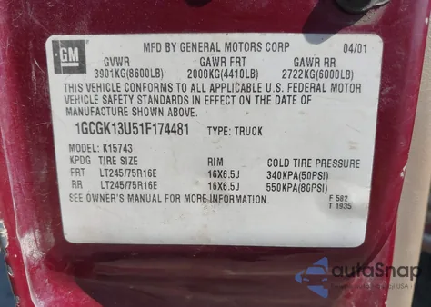 2001 Chevrolet Silverado 1500Hd Ls from USA, damaged, VIN 1GCGK13U51F174481